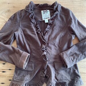 Nick and Mo Ruffle Neck Women’s Jacket Cotton‎ Knit Brown Small Preloved